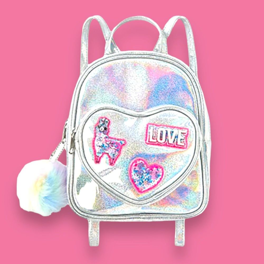 Llama Love Mini Backpack Zip Closure Pom Pom Keychain Adjustable Strap Silver